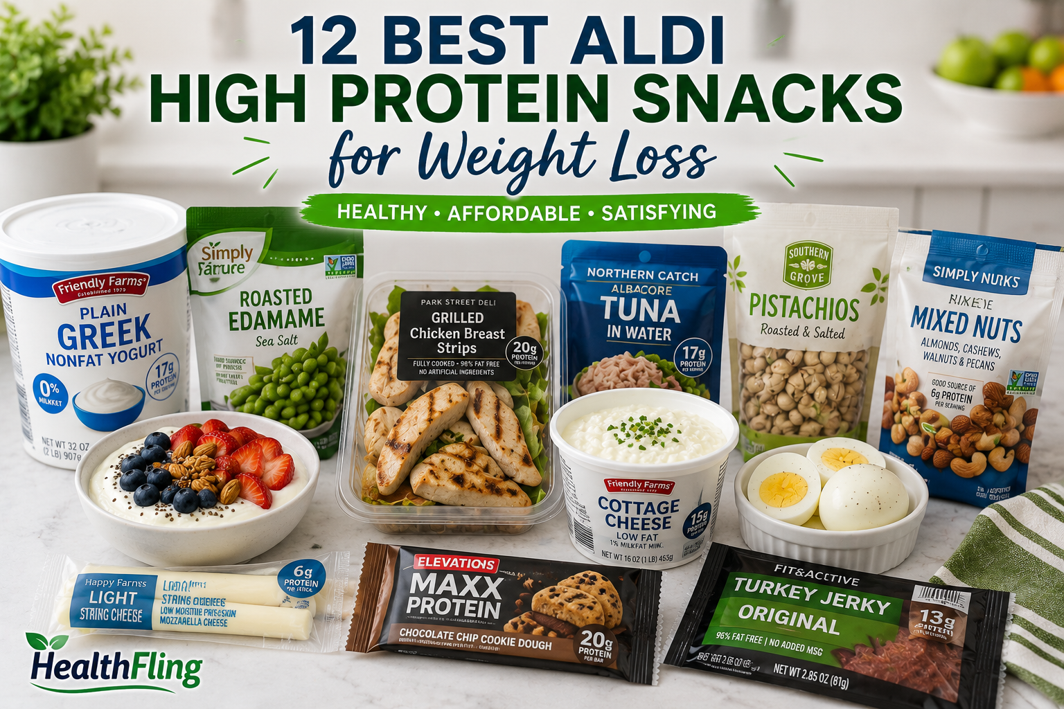 Best Aldi high protein snacks for weight loss featuring Greek yogurt, grilled chicken, cottage cheese, tuna, mixed nuts, and healthy snack options | HealthFling