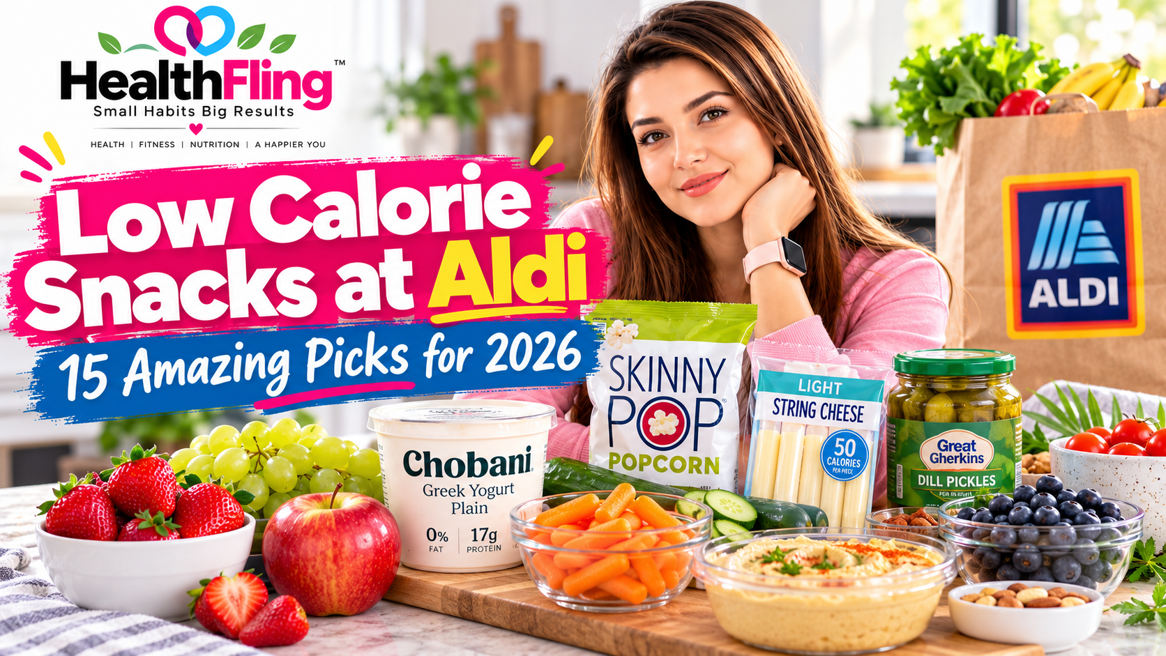 Low calorie snacks at Aldi including yogurt popcorn fruit and cheese